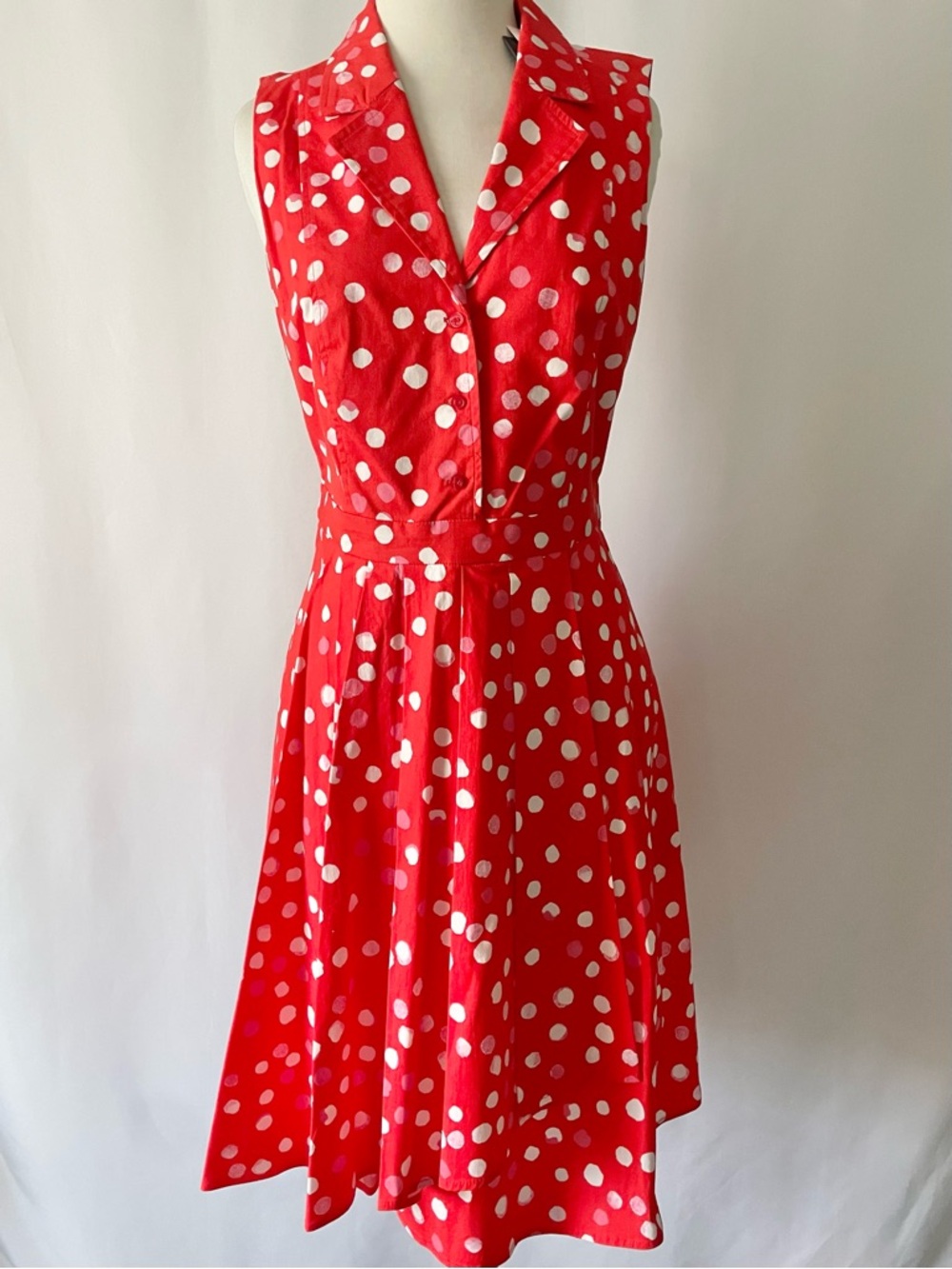 DKNY Red and White Polka Dot Sleeveless Midi Dress
